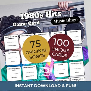 80s Music Bingo Game | 100 Printable Cards | 75 Songs & Spotify Playlist | Digital Products Download imagen 1