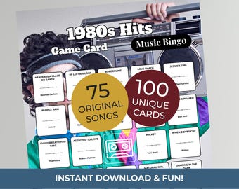 80s Music Bingo Game | 100 Printable Cards | 75 Songs & Spotify Playlist | Digital Products Download
