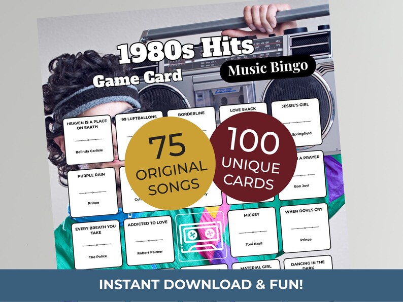 80s Music Bingo Game | 100 Printable Cards | 75 Songs & Spotify Playlist | Digital Products Download imagen 1