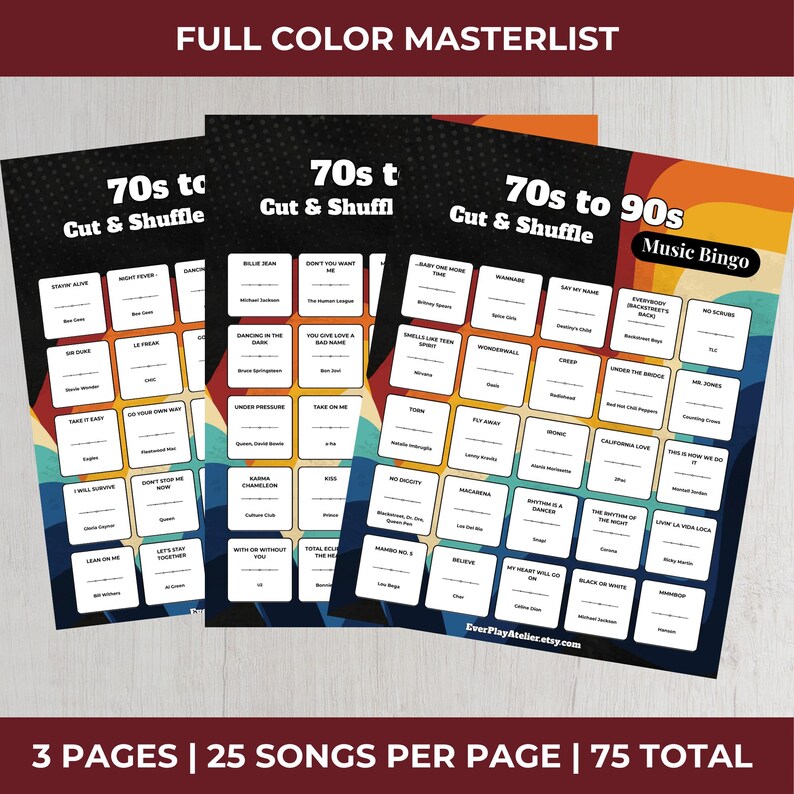 May include: Three music bingo sheets with a retro design. The sheets are titled "70s to Cut & Shuffle" and "70s to 90s Music Bingo." Each sheet has song titles in boxes. The text "FULL COLOR MASTERLIST" and "3 PAGES | 25 SONGS PER PAGE | 75 TOTAL" are also visible.