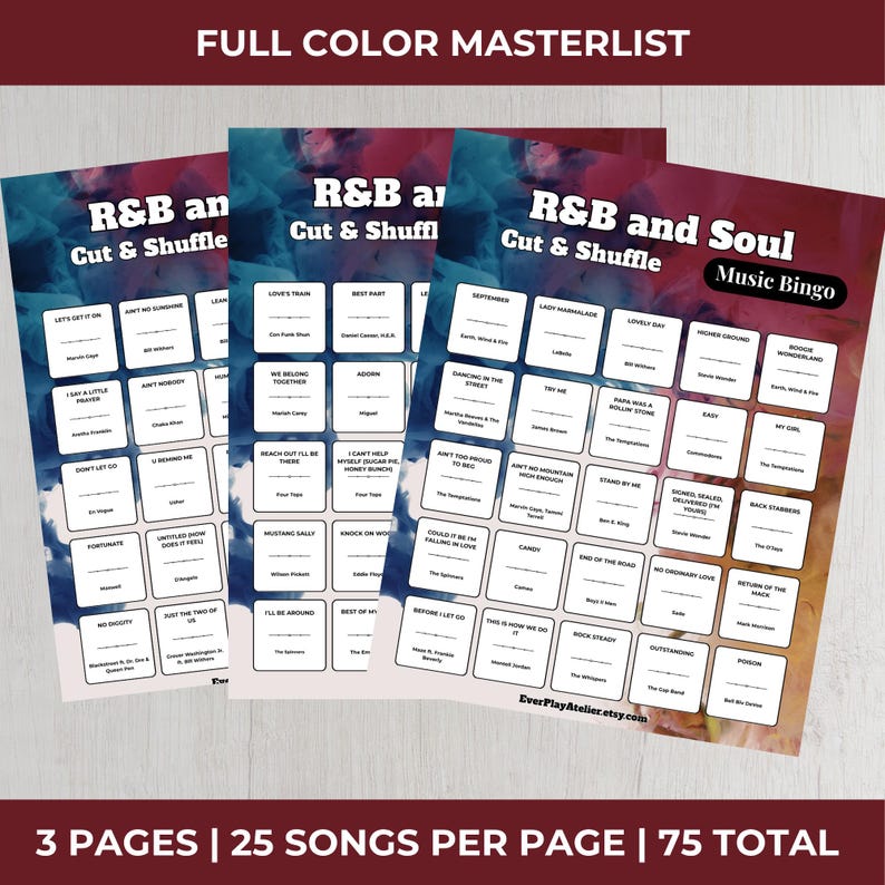 R&B + Soul • MUSIC BINGO Game • 100 Printable Cards • 75 Songs • Spotify Playlist (Digital Download) image 13