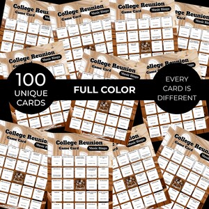 Pode incluir: Uma cole&ccedil;&atilde;o de cart&otilde;es de jogo "College Reunion Music Bingo". Cada cart&atilde;o apresenta uma grade de quadrados com v&aacute;rios avisos. A imagem inclui o texto "100 cart&otilde;es exclusivos", "A cores" e "Cada cart&atilde;o &eacute; diferente". Os cart&otilde;es est&atilde;o dispostos em uma superf&iacute;cie de madeira.