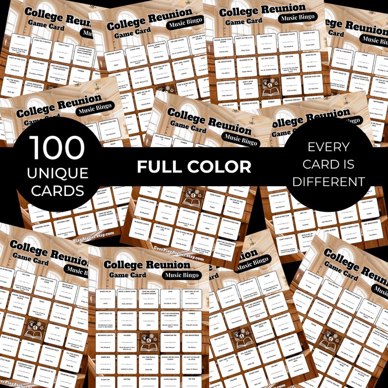 Pode incluir: Uma cole&ccedil;&atilde;o de cart&otilde;es de jogo "College Reunion Music Bingo". Cada cart&atilde;o apresenta uma grade de quadrados com v&aacute;rios avisos. A imagem inclui o texto "100 cart&otilde;es exclusivos", "A cores" e "Cada cart&atilde;o &eacute; diferente". Os cart&otilde;es est&atilde;o dispostos em uma superf&iacute;cie de madeira.