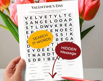 VALENTINE'S DAY Word Search • Discover Hidden Message • Forward & Backward(!) Reading • Trivia Game • Printable Puzzle
