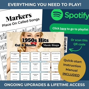 May include: A music bingo game with the title "1950s Hits" featuring a vintage image of a woman. The game includes song titles like "Hound Dog" and "Blue Suede Shoes." The image also shows a Spotify logo and a QR code for a playlist.