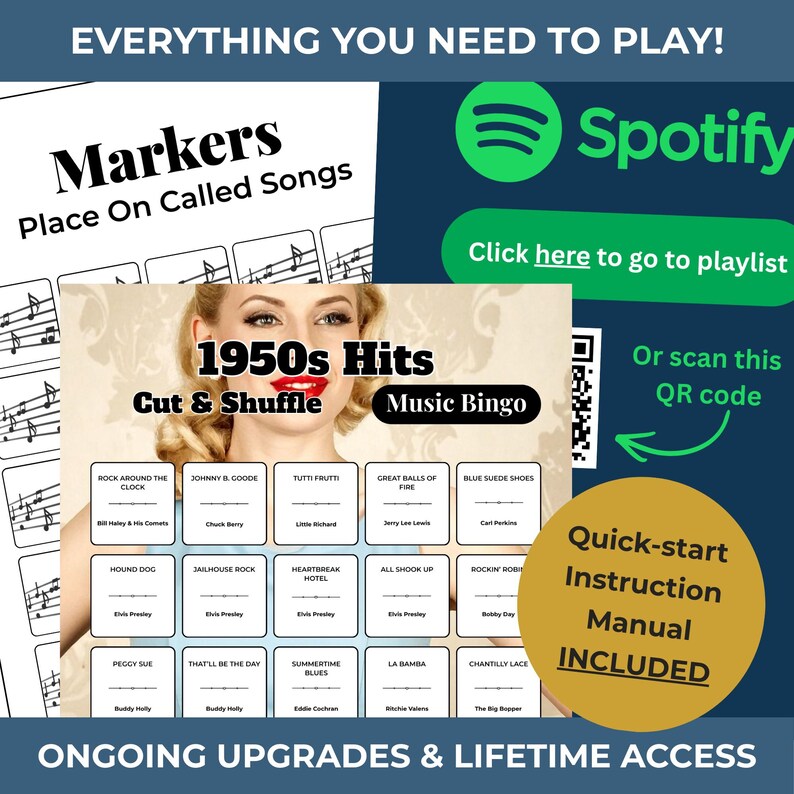 May include: A music bingo game with the title "1950s Hits" featuring a vintage image of a woman. The game includes song titles like "Hound Dog" and "Blue Suede Shoes." The image also shows a Spotify logo and a QR code for a playlist.