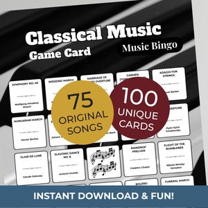 Op de afbeelding: Een klassieke muziekspelkaart met de titel "Music Bingo". Het ontwerp bevat een raster van kaarten met muzikale termen en componistennamen. Twee cirkels tonen "75 originele nummers" en "100 unieke kaarten".