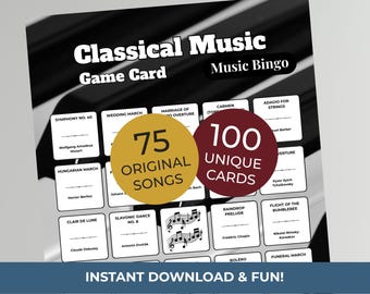 Classical Composers MUSIC BINGO Game • 100 Printable Cards • 75 Songs • Spotify Playlist (Digital Products)
