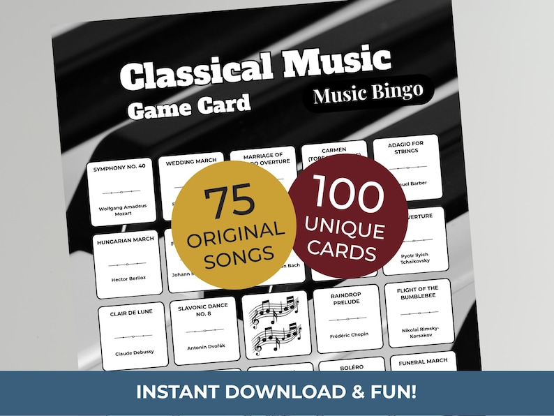 Op de afbeelding: Een klassieke muziekspelkaart met de titel "Music Bingo". Het ontwerp bevat een raster van kaarten met muzikale termen en componistennamen. Twee cirkels tonen "75 originele nummers" en "100 unieke kaarten".