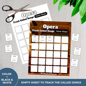 Op de afbeelding: Twee "Opera Track Called Songs Music Bingo" spelkaarten met lege vakken, vergezeld van kleine kaarten en een schaar. De tekst "Opera Track Called Songs Music Bingo" is zichtbaar. Het kleurenschema is zwart en wit.