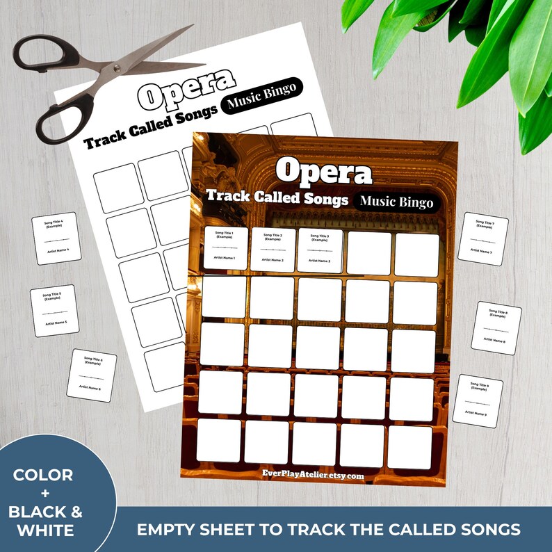 Op de afbeelding: Twee "Opera Track Called Songs Music Bingo" spelkaarten met lege vakken, vergezeld van kleine kaarten en een schaar. De tekst "Opera Track Called Songs Music Bingo" is zichtbaar. Het kleurenschema is zwart en wit.