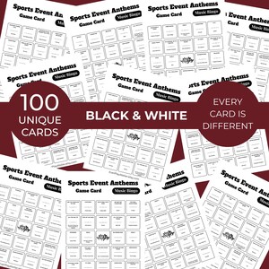 Op de afbeelding: Een verzameling zwart-witte "Sports Event Anthems Music Bingo" spelkaarten. De kaarten zijn bedrukt met verschillende vakjes om te spelen. De afbeelding bevat de tekst "100 unieke kaarten", "Zwart & Wit" en "Elke kaart is anders".