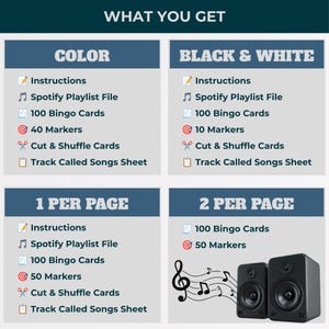 May include: A digital information chart titled WHAT YOU GET, divided into four sections: COLOR, BLACK & WHITE, 1 PER PAGE, and 2 PER PAGE. Each section lists items including instructions, a Spotify playlist file, bingo cards, markers, cut and shuffle cards, and a track called songs sheet, with two black speakers in the bottom right.