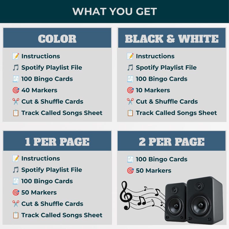 May include: A digital information chart titled WHAT YOU GET, divided into four sections: COLOR, BLACK & WHITE, 1 PER PAGE, and 2 PER PAGE. Each section lists items including instructions, a Spotify playlist file, bingo cards, markers, cut and shuffle cards, and a track called songs sheet, with two black speakers in the bottom right.