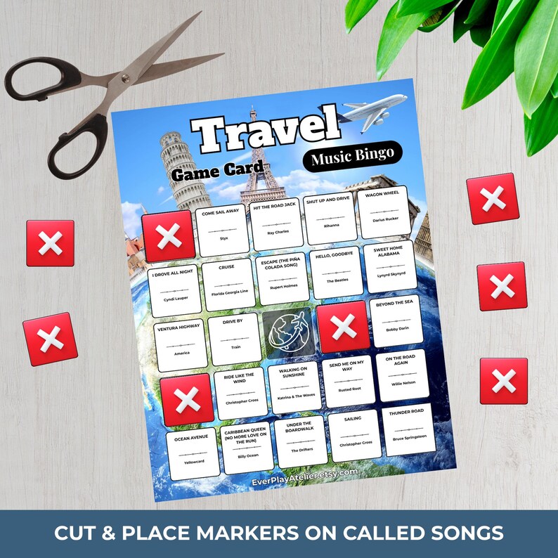 May include: A travel music bingo game card featuring a grid of song titles and artists, with a background of global landmarks and an airplane. The card includes red square markers with white X symbols for gameplay, alongside a pair of metal scissors.