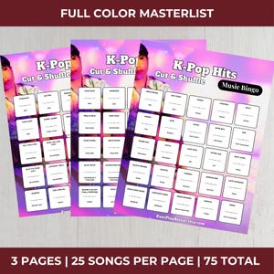 Pu&ograve; includere: Tre cartelle di bingo a tema K-Pop con uno sfondo sfumato viola e rosa. Ogni cartella presenta la foto di una persona e il testo "K-Pop Cut & Shuffle" o "K-Pop Hits Music Bingo". Le cartelle hanno titoli di canzoni in riquadri.