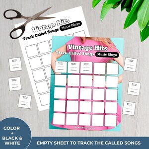 May include: A sheet of paper with the text "Vintage Hits Track Called Songs Music Bingo" and a grid of blank squares. Includes small cards for song titles and artist names, and a pair of scissors.