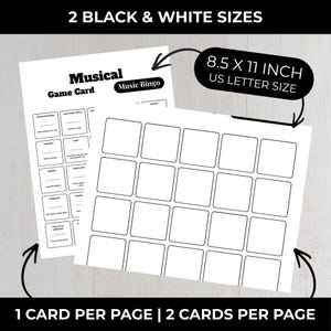 Peut inclure: Deux cartes de jeu de bingo musical en noir et blanc. Une carte est une carte de jeu avec des titres de com&eacute;dies musicales, et l'autre est une carte de bingo vierge. Les cartes mesurent 21,6 x 27,9 cm, format lettre US. Le texte sur les cartes indique "Musical Game Card" et "Music Bingo".
