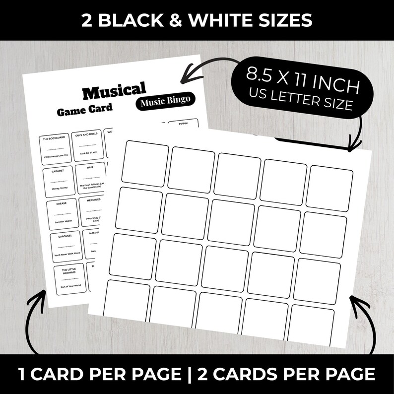 Peut inclure: Deux cartes de jeu de bingo musical en noir et blanc. Une carte est une carte de jeu avec des titres de com&eacute;dies musicales, et l'autre est une carte de bingo vierge. Les cartes mesurent 21,6 x 27,9 cm, format lettre US. Le texte sur les cartes indique "Musical Game Card" et "Music Bingo".