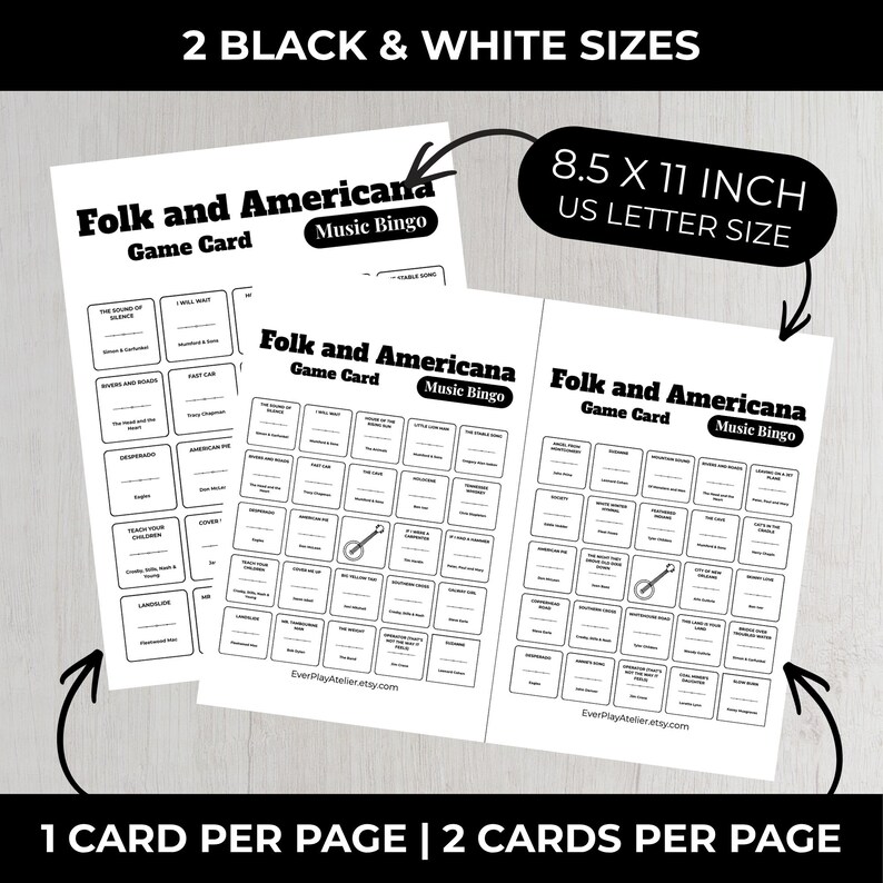 Może przedstawiać: Czarno-białe karty do gry "Folk and Americana Music Bingo". Karty mają wymiary 21,6 x 27,9 cm, format US letter. Tekst na kartach zawiera tytuły piosenek i nazwę gry. Obrazek przedstawia dwie karty na stronę.