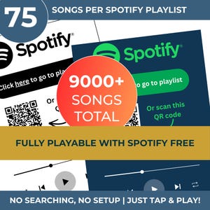 Pode incluir: Imagem com a marca Spotify, indicando 75 m&uacute;sicas por lista de reprodu&ccedil;&atilde;o e mais de 9000 m&uacute;sicas no total. A imagem inclui um c&oacute;digo QR e as frases "Clique aqui para reproduzir" e "Totalmente reproduz&iacute;vel com Spotify Free."