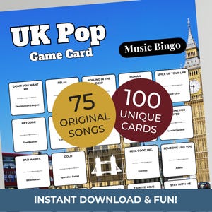 以下が含まれることがあります： 青い空を背景にしたUKポップミュージックビンゴゲームカード。カードには、曲名とアーティスト名が記載されており、「75 Original Songs」と「100 Unique Cards」という文字があります。「Instant Download & Fun!」の文字も表示されています。