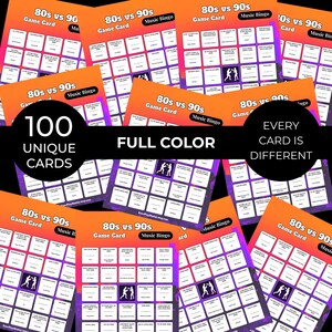 Puede incluir: Un conjunto de tarjetas de juego "80s vs 90s Music Bingo". Cada tarjeta es naranja y morada con el texto "80s vs 90s Game Card Music Bingo". La imagen tambi&eacute;n incluye el texto "100 tarjetas &uacute;nicas", "A todo color" y "Cada tarjeta es diferente".