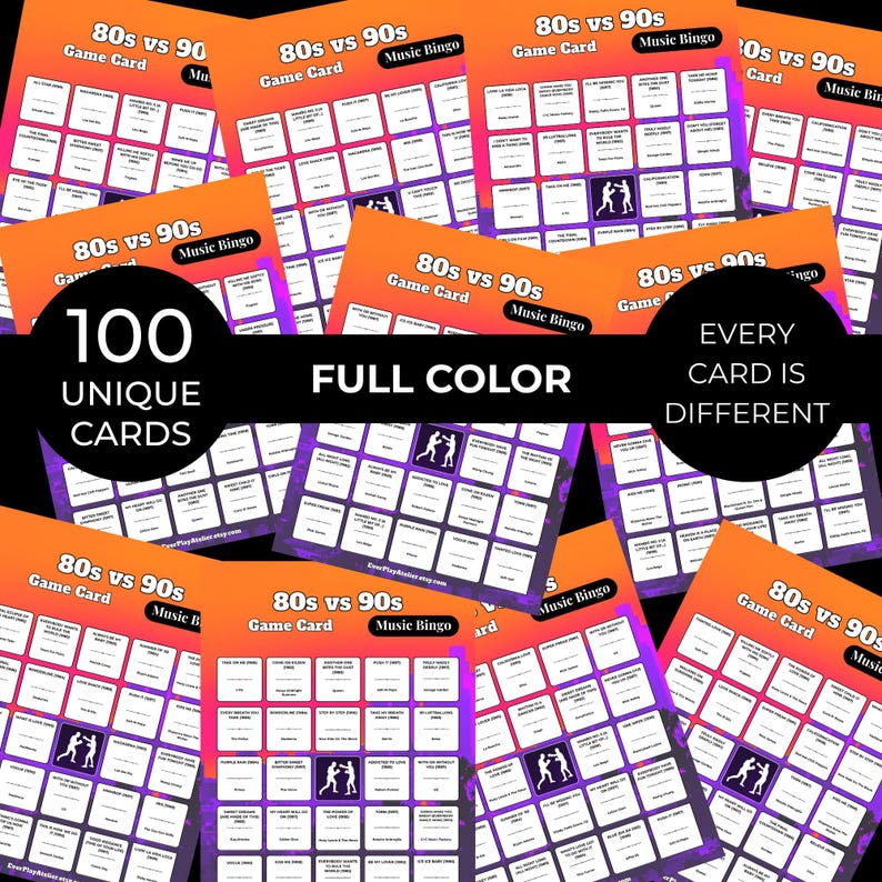 Puede incluir: Un conjunto de tarjetas de juego "80s vs 90s Music Bingo". Cada tarjeta es naranja y morada con el texto "80s vs 90s Game Card Music Bingo". La imagen tambi&eacute;n incluye el texto "100 tarjetas &uacute;nicas", "A todo color" y "Cada tarjeta es diferente".