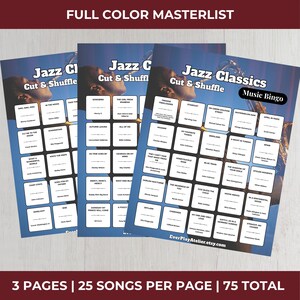K&ouml;nnte beinhalten: Drei blaue Jazz Classics Music Bingo-Bl&auml;tter mit Songtiteln. Jedes Blatt hat eine Saxophon-Grafik und den Text "Jazz Classics Music Bingo". Der Text "Full Color Masterlist" und "3 Pages | 25 Songs Per Page | 75 Total" sind ebenfalls sichtbar.