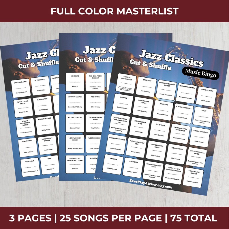 K&ouml;nnte beinhalten: Drei blaue Jazz Classics Music Bingo-Bl&auml;tter mit Songtiteln. Jedes Blatt hat eine Saxophon-Grafik und den Text "Jazz Classics Music Bingo". Der Text "Full Color Masterlist" und "3 Pages | 25 Songs Per Page | 75 Total" sind ebenfalls sichtbar.