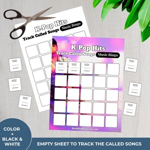 Pu&ograve; includere: Due fogli di K-Pop Hits Music Bingo, uno in bianco e nero, l'altro a colori. I fogli hanno quadrati vuoti per tenere traccia delle canzoni. Sono incluse piccole carte con spazi per i titoli delle canzoni e i nomi degli artisti. Un paio di forbici &egrave; in alto a sinistra.