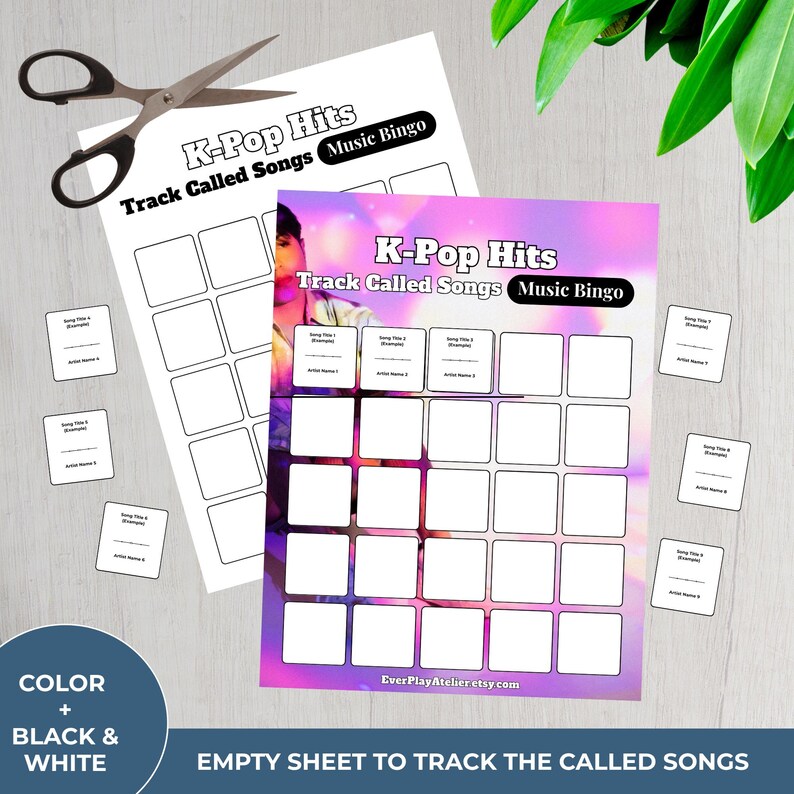 Pu&ograve; includere: Due fogli di K-Pop Hits Music Bingo, uno in bianco e nero, l'altro a colori. I fogli hanno quadrati vuoti per tenere traccia delle canzoni. Sono incluse piccole carte con spazi per i titoli delle canzoni e i nomi degli artisti. Un paio di forbici &egrave; in alto a sinistra.