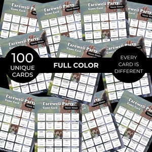 May include: A collection of "Farewell Party Music Bingo" game cards. Each card features a grid of squares with various music-related prompts. The cards are full color and the text on the cards reads "100 Unique Cards" and "Every Card is Different".