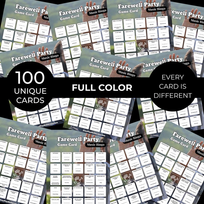 May include: A collection of "Farewell Party Music Bingo" game cards. Each card features a grid of squares with various music-related prompts. The cards are full color and the text on the cards reads "100 Unique Cards" and "Every Card is Different".