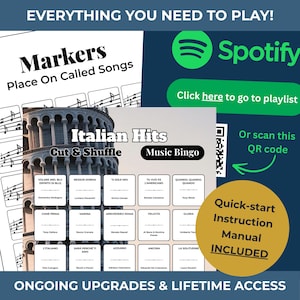 Puede incluir: Un juego tem&aacute;tico musical con el texto "Italian Hits Music Bingo". Incluye un manual de instrucciones de inicio r&aacute;pido. El juego presenta t&iacute;tulos de canciones y un c&oacute;digo QR para una lista de reproducci&oacute;n de Spotify. El fondo es una mezcla de azul y blanco.