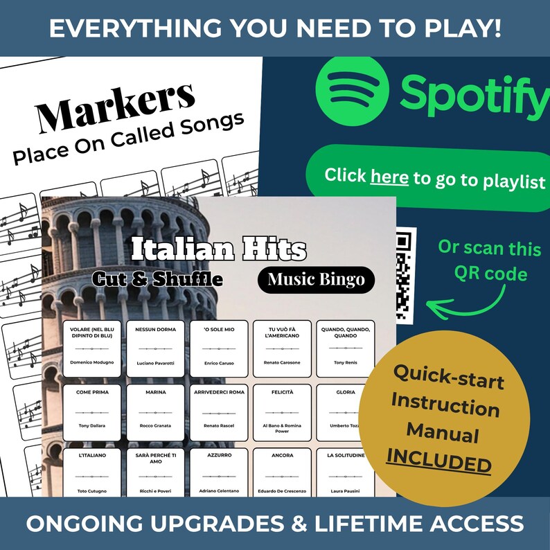 Puede incluir: Un juego tem&aacute;tico musical con el texto "Italian Hits Music Bingo". Incluye un manual de instrucciones de inicio r&aacute;pido. El juego presenta t&iacute;tulos de canciones y un c&oacute;digo QR para una lista de reproducci&oacute;n de Spotify. El fondo es una mezcla de azul y blanco.