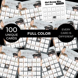 May include: A collection of "Girl Group Hits Music Bingo" game cards. The cards are full color and feature 100 unique cards. The text on the cards includes "Girl Group Hits", "Game Card", and "Music Bingo".