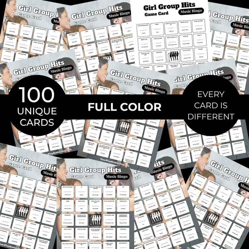 May include: A collection of "Girl Group Hits Music Bingo" game cards. The cards are full color and feature 100 unique cards. The text on the cards includes "Girl Group Hits", "Game Card", and "Music Bingo".