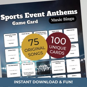 Op de afbeelding: Een spelkaart getiteld "Sports Event Anthems Music Bingo". De kaart bevat een raster van songtitels en artiestennamen. Twee cirkels benadrukken "75 originele nummers" en "100 unieke kaarten". De onderkant van de kaart luidt "Direct downloaden & plezier!"