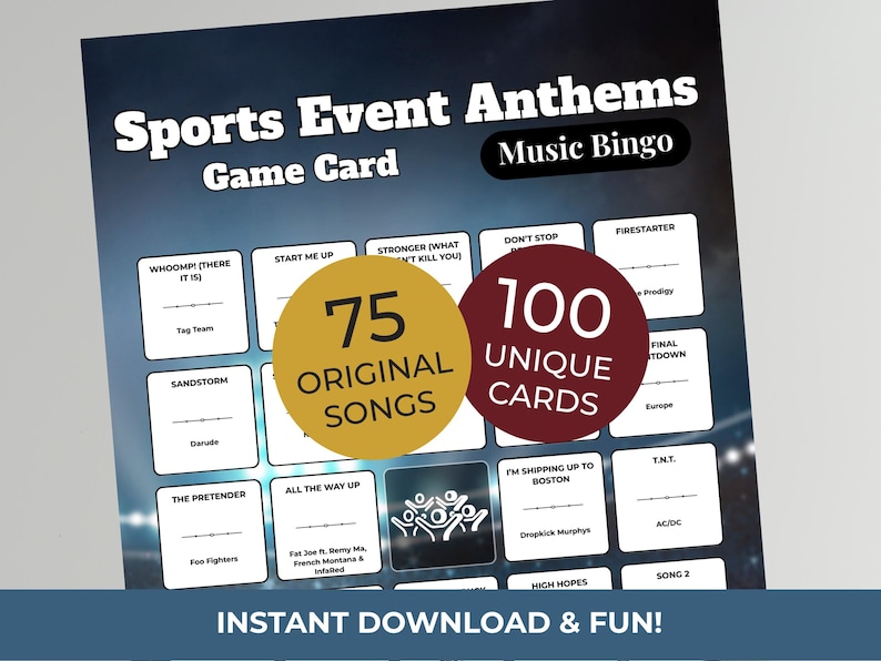 Op de afbeelding: Een spelkaart getiteld "Sports Event Anthems Music Bingo". De kaart bevat een raster van songtitels en artiestennamen. Twee cirkels benadrukken "75 originele nummers" en "100 unieke kaarten". De onderkant van de kaart luidt "Direct downloaden & plezier!"