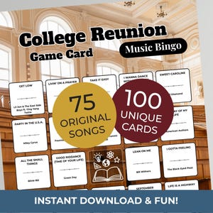 Pode incluir: Um cart&atilde;o de jogo de Bingo Musical de Reuni&atilde;o Universit&aacute;ria com o texto "College Reunion Game Card Music Bingo". O jogo inclui 75 m&uacute;sicas originais e 100 cartas &uacute;nicas. A parte inferior diz "INSTANT DOWNLOAD & FUN!"
