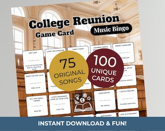 College Reunion MUSIC BINGO Party Game | 100 Printable Cards + 75 Songs & Spotify Playlist (Download)