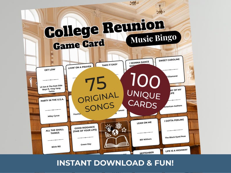 Pode incluir: Um cart&atilde;o de jogo de Bingo Musical de Reuni&atilde;o Universit&aacute;ria com o texto "College Reunion Game Card Music Bingo". O jogo inclui 75 m&uacute;sicas originais e 100 cartas &uacute;nicas. A parte inferior diz "INSTANT DOWNLOAD & FUN!"