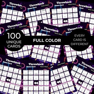 May include: A collection of "Throwback Music Bingo" game cards. Each card features a grid of song titles. The cards are full color and the text "100 Unique Cards" and "Every Card is Different" are displayed. The cards have a retro neon design.