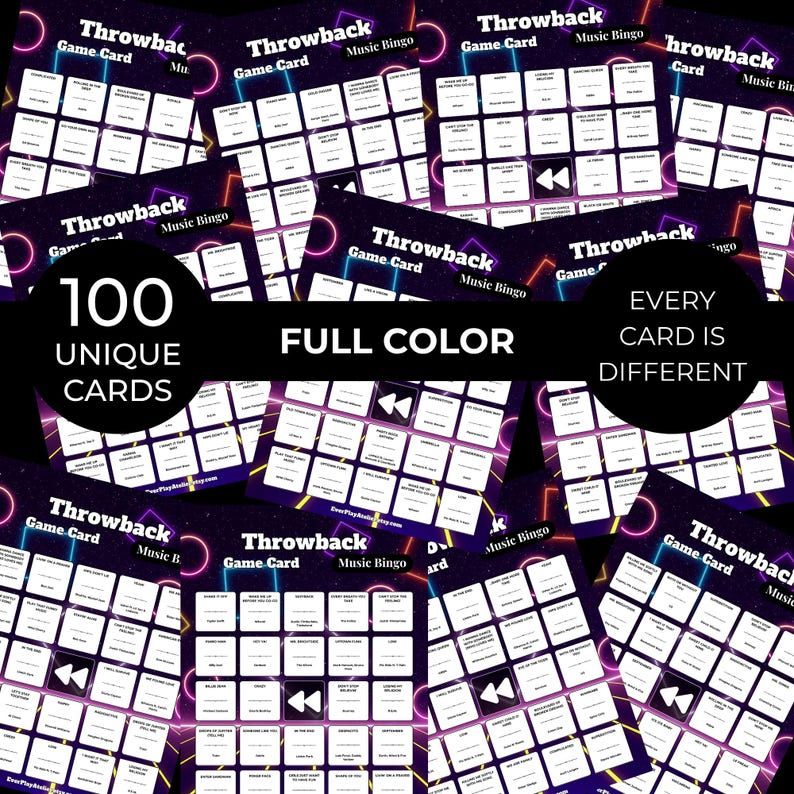 May include: A collection of "Throwback Music Bingo" game cards. Each card features a grid of song titles. The cards are full color and the text "100 Unique Cards" and "Every Card is Different" are displayed. The cards have a retro neon design.