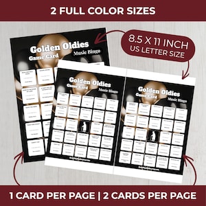 Op de afbeelding: Een stapel "Golden Oldies Music Bingo" spelkaarten. De kaarten zijn zwart en wit met gouden en zwarte accenten. De tekst op de kaarten bevat "Golden Oldies Game Card Music Bingo" en "8.5 X 11 INCH US LETTER SIZE".