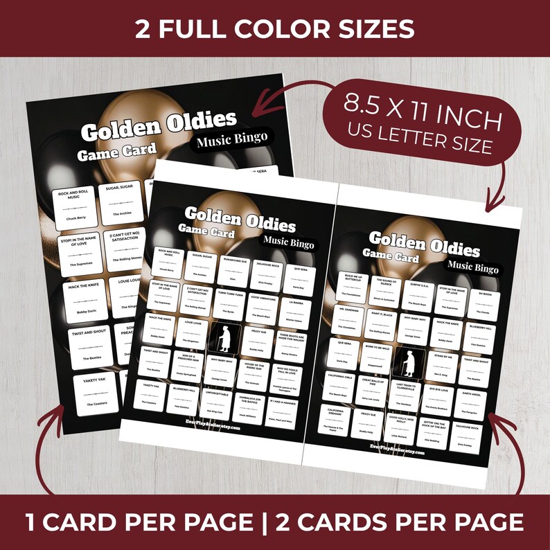 Op de afbeelding: Een stapel "Golden Oldies Music Bingo" spelkaarten. De kaarten zijn zwart en wit met gouden en zwarte accenten. De tekst op de kaarten bevat "Golden Oldies Game Card Music Bingo" en "8.5 X 11 INCH US LETTER SIZE".