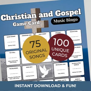 May include: A Christian and Gospel Music Bingo game card with a wooden cross and the text "Christian and Gospel Game Card Music Bingo." The card features 75 original songs and 100 unique cards. The bottom of the card reads "Instant Download & Fun!"
