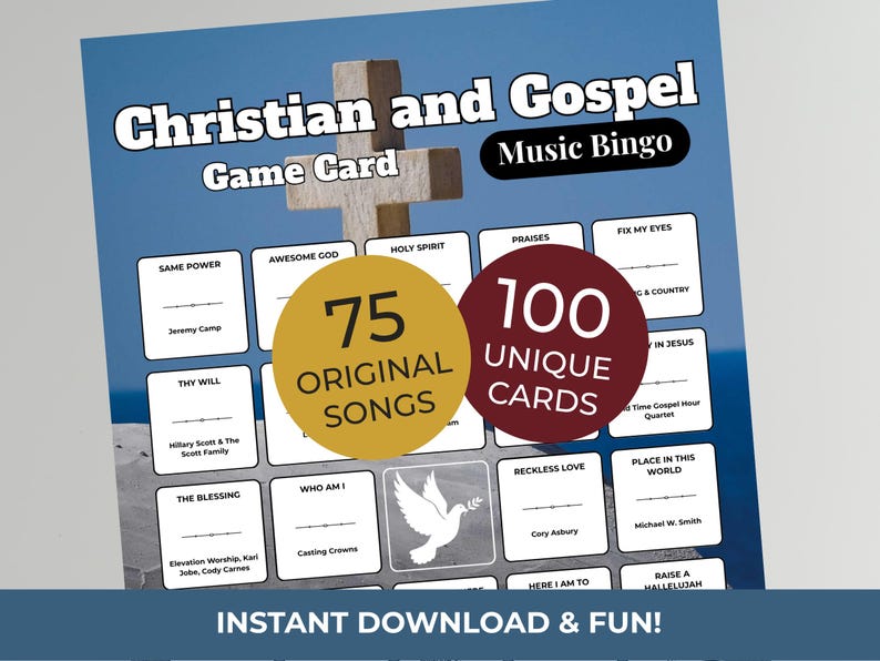 May include: A Christian and Gospel Music Bingo game card with a wooden cross and the text "Christian and Gospel Game Card Music Bingo." The card features 75 original songs and 100 unique cards. The bottom of the card reads "Instant Download & Fun!"