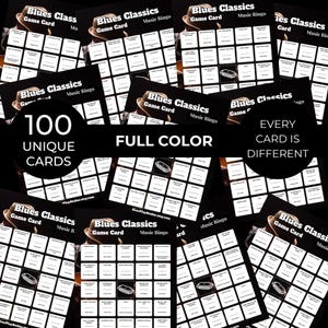 Pode incluir: Uma cole&ccedil;&atilde;o de cartelas de bingo musical "Blues Classics". Cada cart&atilde;o apresenta uma grade de quadrados com t&iacute;tulos de m&uacute;sicas e um gr&aacute;fico de um chap&eacute;u fedora e uma gaita. O texto nos cart&otilde;es diz "100 cart&otilde;es &uacute;nicos", "Cor total" e "Cada cart&atilde;o &eacute; diferente".
